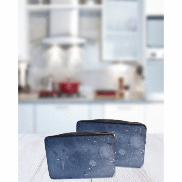 Handmade charcoal detox soap bar made with jojoba oil, coconut oil, olive oil, castor oil, and palm oil, designed for deep cleansing and nourishing skin.